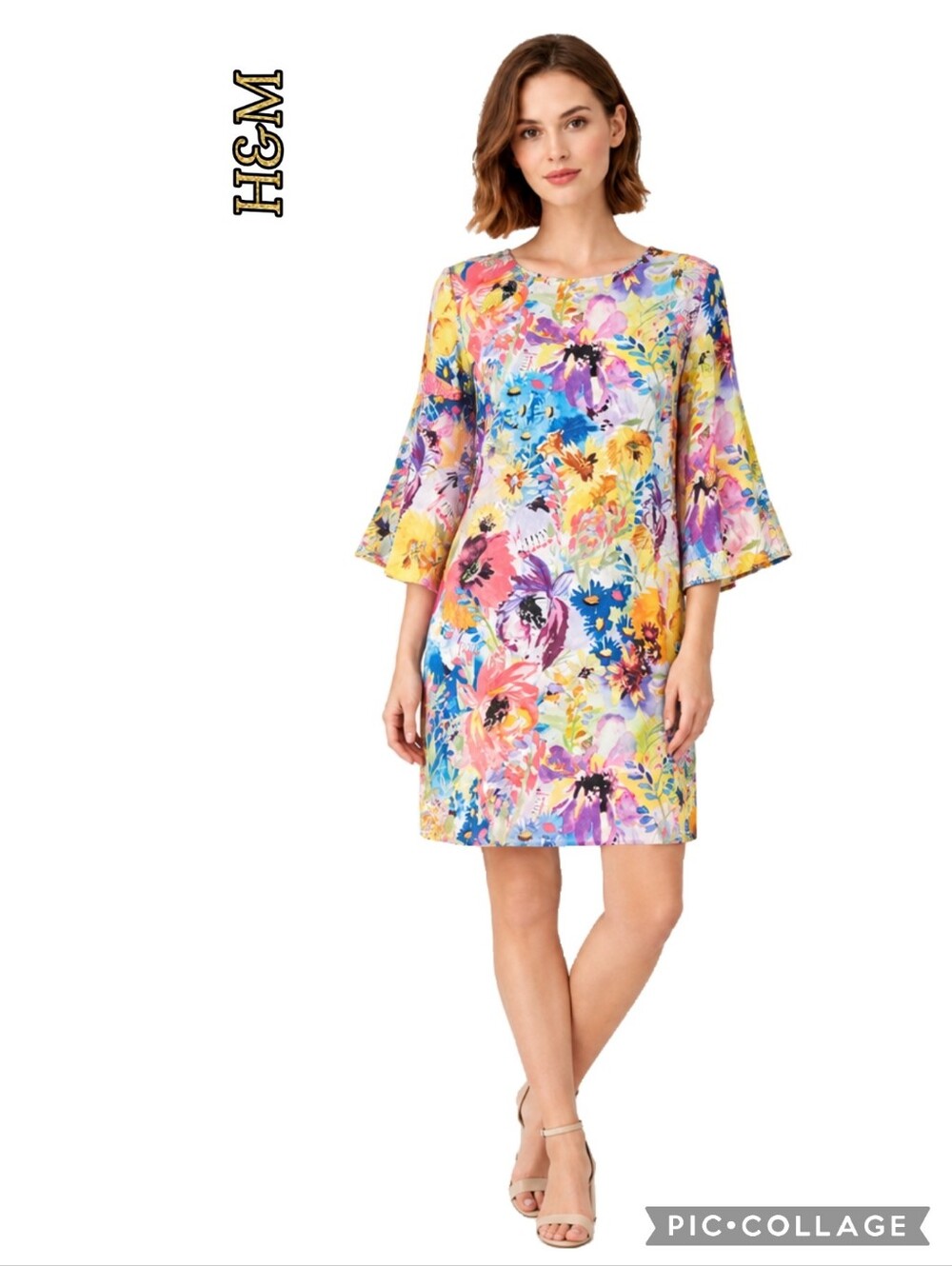 H&M multicolor floral shift dress keyhole & button back closure 3/4 sleeves